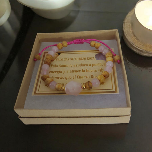 Pulsera Palo Santo Aromática y cuarzo Rosa Para el amor