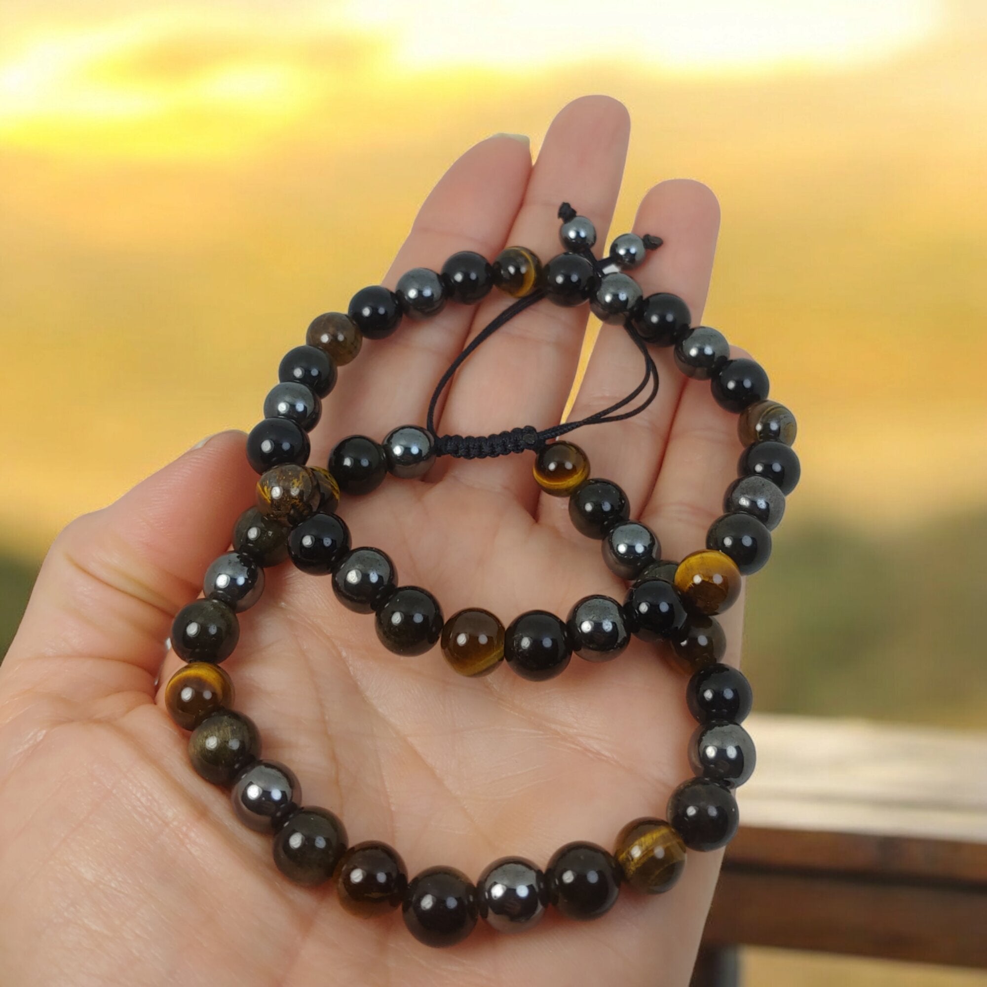 Pulsera Triple Protección - Ojo de Tigre, Obsidiana, Hematites