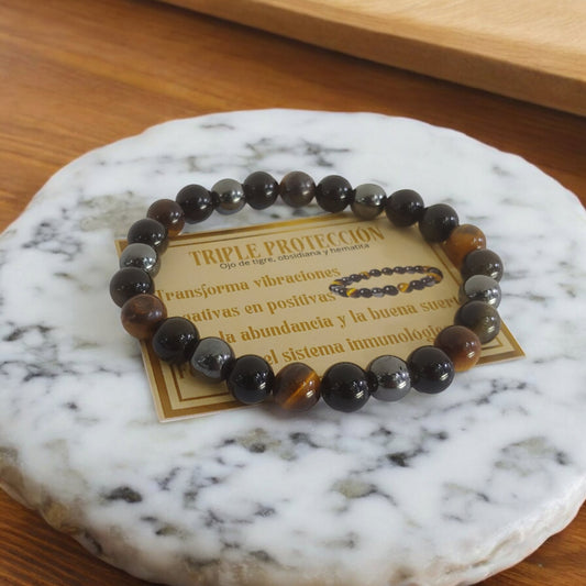 Pulsera Triple Protección - Ojo de Tigre, Obsidiana, Hematites
